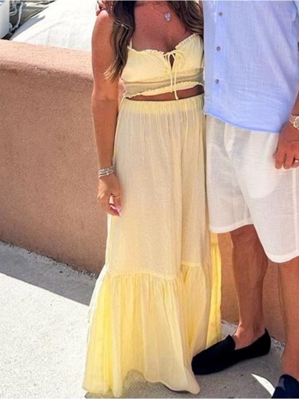 Yellow White Striped Two Piece Lightweight Cotton Crop Top Maxi Skirt Set M